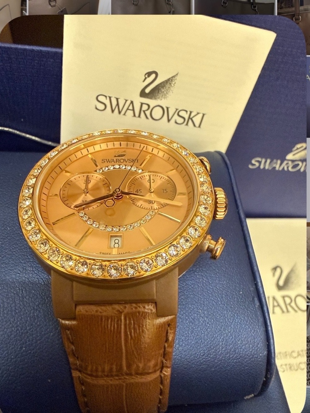 Swarovski Gold Crystal-Trim Brown Leather Watch one of a kind